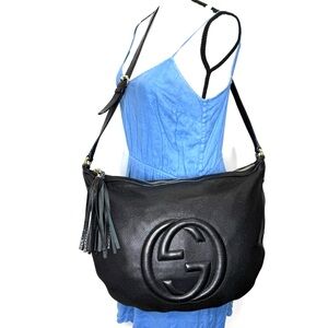 Authentic Gucci SOHO black leather large crossbody bag GG logo large size